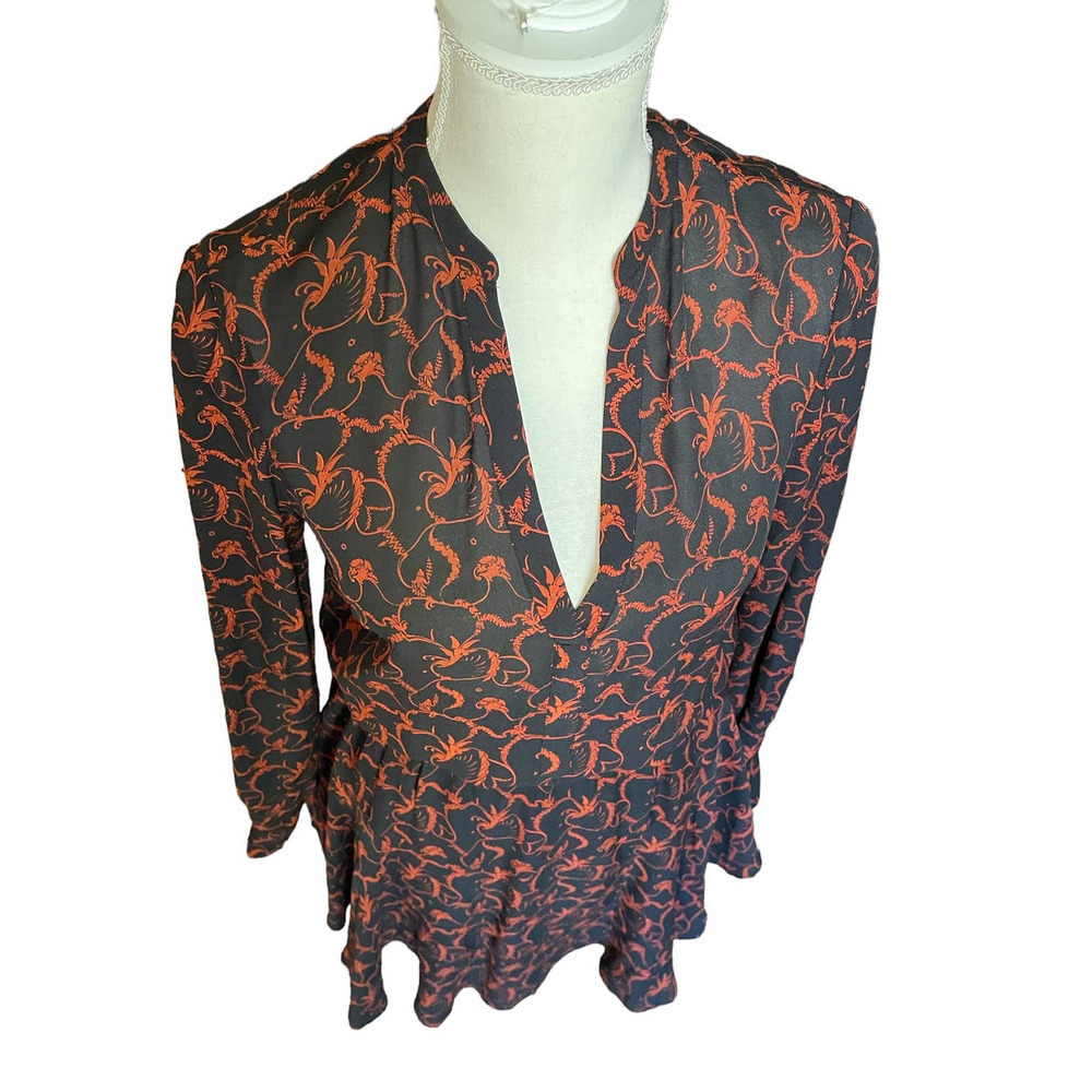 A.L.C. Womens V-Neck Floral Paisley Shirt Dress Long Sleeve Size 4 Black - Picture 3 of 8